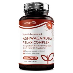 Nutravita Ashwagandha KSM-66 7200mg Before Extraction, Relax Complex with Magnesium, Lion's Mane L-Tryptopha, Supports Relaxation, Mental Wellbeing & Reduction in Fatigue - 120 Capsules