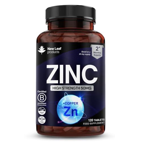 Zinc 50mg High Strength Tablets with Copper, Pure Zinc Supplements Contributes Towards The Immune System, Bone Health and Fertility, Vegan, Non-GMO, Made in UK by New Leaf 120 Tablets