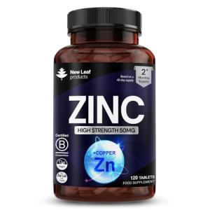 Zinc 50mg High Strength Tablets with Copper, Pure Zinc Supplements Contributes Towards The Immune System, Bone Health and Fertility, Vegan, Non-GMO, Made in UK by New Leaf 120 Tablets