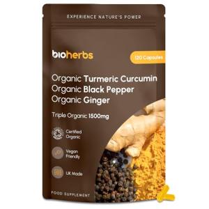 Organic Turmeric Capsules 1500mg with Black Pepper & Ginger | High Strength Turmeric Supplement by BioHerbs | 120 Capsules (2-Month Supply)