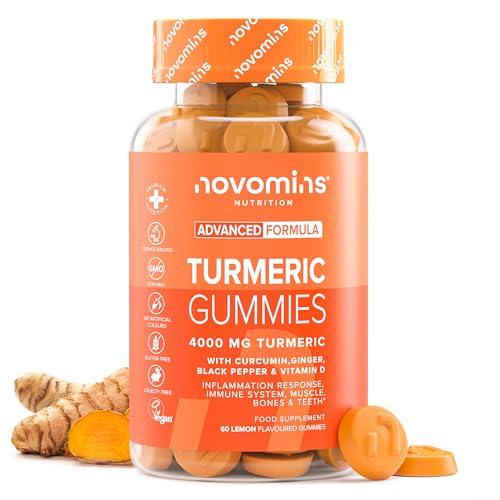 Turmeric Gummies – 4000mg High Strength Turmeric and Ginger Gummies with Curcumin, Black Pepper & Vitamin D – Tumeric Supplements Joint Support –Immunity, Muscle & Bone – Novomins