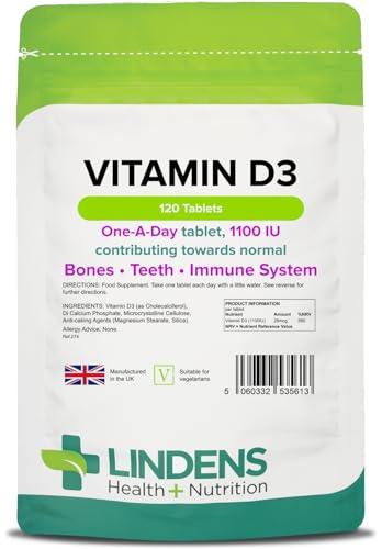 Lindens Vitamin D3 1100IU - 120 Tablets - Immune System, Bones, Teeth, UK Manufacturer Immune Support | (4 Months Supply) | Suitable for Vegetarians | Letterbox Friendly