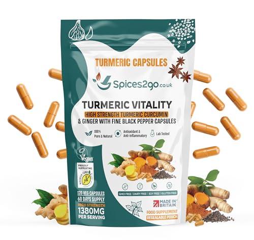 Spices2Go Turmeric Vitality High Strength Turmeric Capsules, 1380mg with Curcumin, Ginger and Black Pepper, Vegan Food Supplement, 120 Veg Capsules, 60 Days Supply - Made in Britain