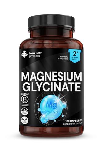 NEW LEAF PRODUCTS Magnesium Glycinate - 120 High Strength Capsules Pure 1040mg of Providing 208mg Elemental Per Serving -Magnesium Supplements – Bones, Muscle Health, Vegan, UK Made