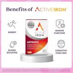 Active Iron Advance Supplement 25 mg – Clinically Proven to Increase Iron & Energy Levels – Gentle, Non-Constipating, Highly Absorbed – 30 Capsules, 1 Month Supply