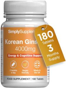 Korean Ginseng 4000mg | Supports Mental & Physical Wellbeing | with Vitamin B6 & Zinc | Contributes to Immune Function | 180 Tablets = 3-Months Supply | GMP Certified & UK Made