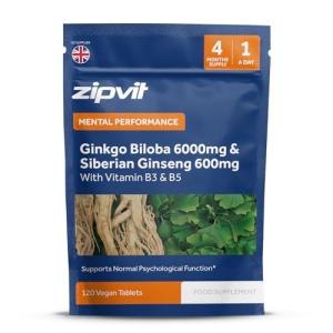 Zipvit Ginkgo Biloba 6000mg & Siberian Ginseng 600mg with Vitamins B3 & B5 Pouch, 120 Vegan Tablets, Supports Energy & Mental Performance, 4 Month Supply