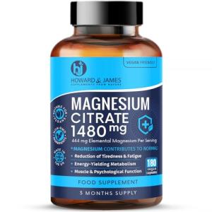 Magnesium Citrate 1480mg - 180 Vegan Capsules not Tablets - Providing 444mg Elemental Magnesium - 3 Month Supply - High Strength Supplements - Made in The UK by Howard & James