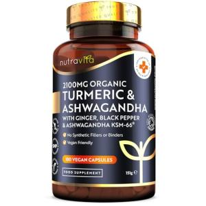 Nutravita Turmeric & Ashwagandha KSM-66 ® - 180 High Strength Capsules with Ginger & Black Pepper - Organic Tumeric & Ashwagandha Supplement - Vegan & Gluten Free - UK Made