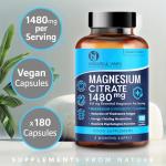 Magnesium Citrate 1480mg - 180 Vegan Capsules not Tablets - Providing 444mg Elemental Magnesium - 3 Month Supply - High Strength Supplements - Made in The UK by Howard & James