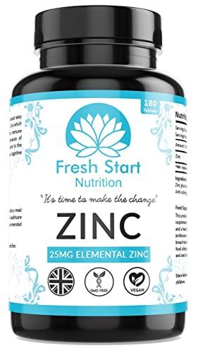 Zinc Tablets 25mg – Zinc Tablets High Strength for Maintenance of Normal Immune System, Hair, Skin, Nails & Bones Zinc Supplements - 180 Vegan Tablets – Made in The UK by Fresh Start Nutrition