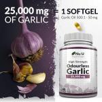 Garlic Capsules 25,000 mg - 240 Softgel Capsules - 8 Month Supply - High Strength Garlic Supplement - Extract from Allium Sativum - 1.5 mg of Allicin - Made in The UK - Nu U Nutrition
