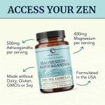 Magnesium Ashwagandha | Stress Relief & Rest for Adults | Relax, Reset, Support Calm Mood & Muscle Health with Magnesium Citrate & Oxide 400 mg + Ashwagandha 500 mg | Calming Supplements | 120 Ct