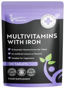 Multivita Multivitamins with Iron – 12 Essential Vitamins & Iron – Immune, Energy & Skin Support – 1-a-Day for Men & Women – 120 Tablets – 4 Month Supply – Vegetarian – Made in UK