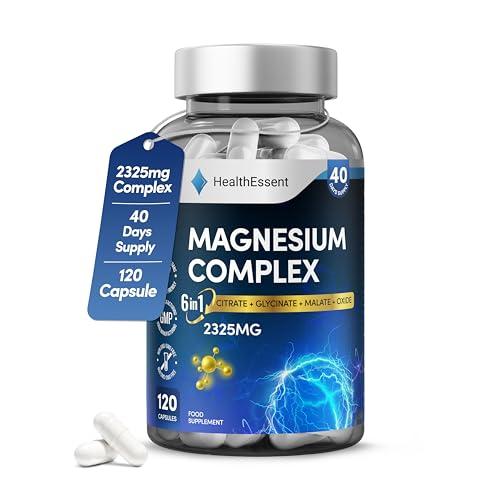 Magnesium 6-in-1 Complex, 2325mg with Magnesium Glycinate, Citrate, Malate, Oxide, Taurate and Orotate - Muscle, Nerve & Energy Support - High Absorption 390mg Elemental - 120 Capsules by HealthEssent