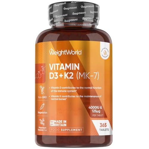 WeightWorld Vitamin D3 4000IU & K2 125μg (MK7) | 365 VIT D Tablets | 1 Year Supply | Easy to Swallow VIT D (6mm in Size) | 1 per Day | Cholecalciferol Form | Vitamin D3 K2 Supplements