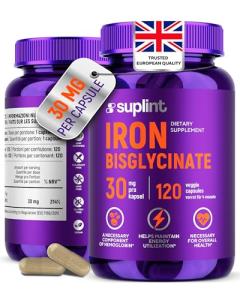 Iron Bisglycinate 30 mg – High Dose & Well Tolerated – High Absorption Iron Supplement – 120 Vegan Capsules – EU Lab Tested (1 Pack)