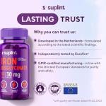 Iron Bisglycinate 30 mg – High Dose & Well Tolerated – High Absorption Iron Supplement – 120 Vegan Capsules – EU Lab Tested (1 Pack)