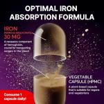 Iron Bisglycinate 30 mg – High Dose & Well Tolerated – High Absorption Iron Supplement – 120 Vegan Capsules – EU Lab Tested (1 Pack)