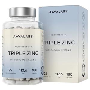 Triple Zinc Supplements for Men and Women - 25mg - with Natural Vitamin C - Zinc Picolinate, Bisglycinate and Monomethionine - 180 Capsules - 6 Months Supply