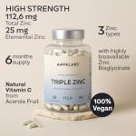 Triple Zinc Supplements for Men and Women - 25mg - with Natural Vitamin C - Zinc Picolinate, Bisglycinate and Monomethionine - 180 Capsules - 6 Months Supply