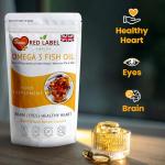 Red Label Health Omega 3 Fish Oil 1000mg, Pack of 60 Soft Gel Capsules (2 Months Supply), Double Strength 180mg EPA and 120mg DHA, Supports Eye, Heart & Brain Health for Men & Women - UK Made