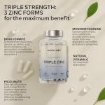 Triple Zinc Supplements for Men and Women - 25mg - with Natural Vitamin C - Zinc Picolinate, Bisglycinate and Monomethionine - 180 Capsules - 6 Months Supply