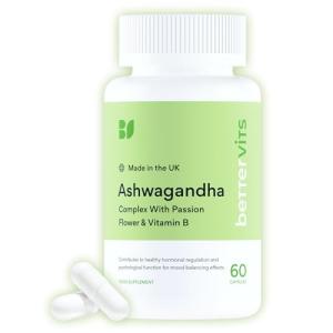 Bettervits Ashwagandha High Strength Complex with Passion Flower & Vitamin B | Organic KSM-66 Ashwagandha 800mg | Stress & Cortisol Support Supplement | 60 Capsules
