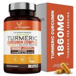 Turmeric Capsules High Strength 1860mg with Black Pepper, Ginger, Vitamin C & D for Immune System & Joints Plus K2 Mk7-120 Vegan Capsules Premium Turmeric Curcumin – Made in The UK by YrHealth