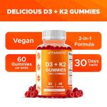 Vitamatic Vitamin D3 + K2 Gummies – 60 Count | Supports Bone, Heart & Immune Health – Promotes Calcium Absorption – Plant-Based, Non-GMO, Gluten-Free
