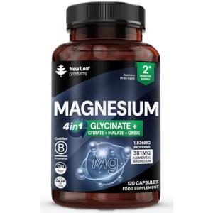 Magnesium Glycinate 4-in-1 Complex 2000mg - High Strength Magnesium Supplements - Bisglycinate,Citrate, Malate, Oxide - 360 Capsules 449mg Elemental - Vegan UK Made by New Leaf