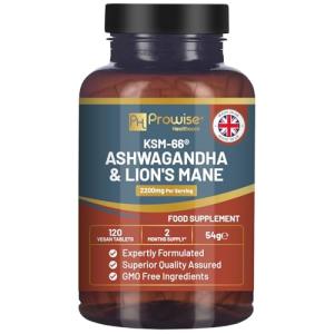 KSM-66 Ashwagandha and Lions Mane Tablets - High Strength 2200mg | KSM-66 Ashwagandha Root Extract and Lions Mane Mushroom Extract - 120 Vegan Tablets with Black Pepper - UK Made by Prowise