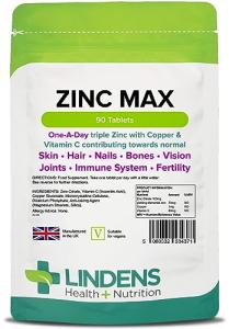 Lindens Zinc Max Tablets - 90 Pack - Provides 300% Nrv Dose, Fortified with Vitamin C & Copper to Contribute Towards Healthy Hair, Skin, Nails, Vision & Hormone Balance - UK Made, Letterbox Friendly