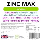 Lindens Zinc Max Tablets - 90 Pack - Provides 300% Nrv Dose, Fortified with Vitamin C & Copper to Contribute Towards Healthy Hair, Skin, Nails, Vision & Hormone Balance - UK Made, Letterbox Friendly