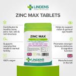 Lindens Zinc Max Tablets - 90 Pack - Provides 300% Nrv Dose, Fortified with Vitamin C & Copper to Contribute Towards Healthy Hair, Skin, Nails, Vision & Hormone Balance - UK Made, Letterbox Friendly
