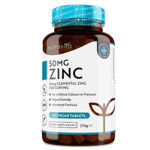 Nutravita Zinc Tablets 50mg – 365 Vegan Tablets for 6 Months Supply – Zinc Supplement High Strength for Maintenance of Normal Immune System, Bones, Hair, Skin & Nails – Made in The UK