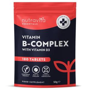 Nutravita Vitamin B Complex - 180 High Strength Tablets (6 Months Supply) - All 8 B Vitamins B1-B2-B5-B6-B12, Biotin, Folic Acid and Vitamin D3