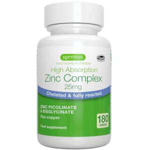 Igennus Clean Chelated Zinc Picolinate & Bisglycinate Complex 25mg with Copper, 6 Month Supply 180 Tablets, High Absorption & Lab Verified, Non-GMO, Supplement for Men & Women, Immune Support & Skin