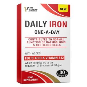 Vit Direct - Daily Iron Supplements - 30 Capsules - with Added Folic Acid & Vitamin B12 - Supports Haemoglobin & Red Blood Cell Function - Reduces Tiredness & Fatigue - Energy Supplements