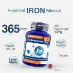 Zipvit Iron Tablets 14mg, (1 Year Supply), Supports Energy & Immunity, Iron Supplements for Women and Men as Bisglycinate Form, 365 Vegan Tablets
