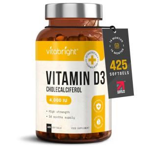 VitaBright Vitamin D3 4000 IU Daily | 425 Micro Softgels | 14 Month Supply | High Strength Vitamin D Tablets | Sugar-Free Alternative to Gummies | Cholecalciferol Supplements for Women & Men