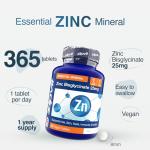 Zipvit Zinc Tablets 25mg, (1 Year Supply) Supports Immunity, Fertility & Normal Testosterone Levels, Zinc Supplements for Men & Women as Bisglycinate, 365 Vegan Tablets