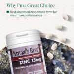 Nature's Best Zinc 15mg - Immune Support - High-Strength Citrate Form - Small, Easy-to-Swallow Tablets - UK Made - 180 Vegan Tablets (6 Months' Supply)