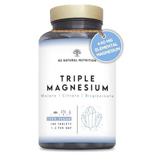 Triple Magnesium Glycinate 3-in-1 (6 Months) 2640 mg Magnesium, Synergistic Complex with Malate, Citrate, Bisglycinate for Sleep, Energy, Muscles and Bones. 180 Tablets. N2 Natural Nutrition