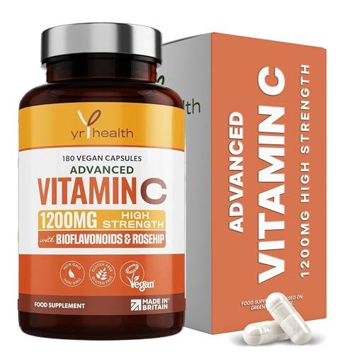 Vitamin C 1200mg Immune Support with Bioflavonoids and Rosehip | 180 Vegan Vitamin C Capsules not Tablets | Slow Release VIT C Ascorbic Acid | Made in The UK by YrHealth