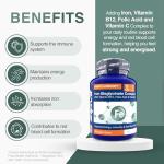 Zipvit Iron Tablets High Strength with Vitamin C, B12 & Folic Acid, 180 Vegan Energy Tablets, Iron Supplements for Women & Men for Energy & Absorption