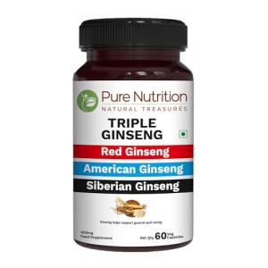 Pure Nutrition Triple Ginseng 650mg | 60 Caps | Supplement for Men and Women | Highly Effective Combination of Red, American and Siberian Ginseng. Non GMO