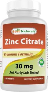 Best Naturals Zinc 30mg Supplements (as Zinc Citrate) - zinc Vitamins for Adults Immune Support - 120 Tablets