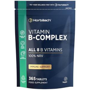 Vitamin B Complex High Strength | 365 Tablets (1 Year Supply) | All 8 B Vitamins | Vitamin B1, B2, B3, B5, B6, B12, Choline, Folic Acid & Biotin | Vegan | by Horbaach