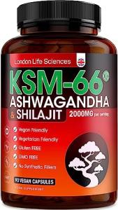 Pure Shilajit & Organic Ashwagandha KSM-66 | 2000mg High Strength Adaptogen Blend | 90 Vegan Capsules (3 Month Supply) | Rich in Fulvic Acid for Energy, Stamina & Vitality | London Life Sciences